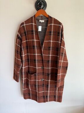 Loft Outlet Womens Rust Brown Plaid Longline Cardigan Sweater Button Front L NEW